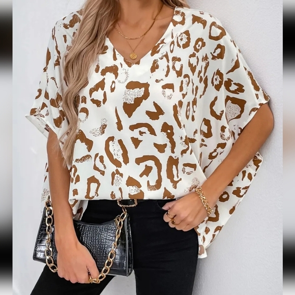 Leopard V-Neck Half Sleeve Blouse - Picture 1 of 4